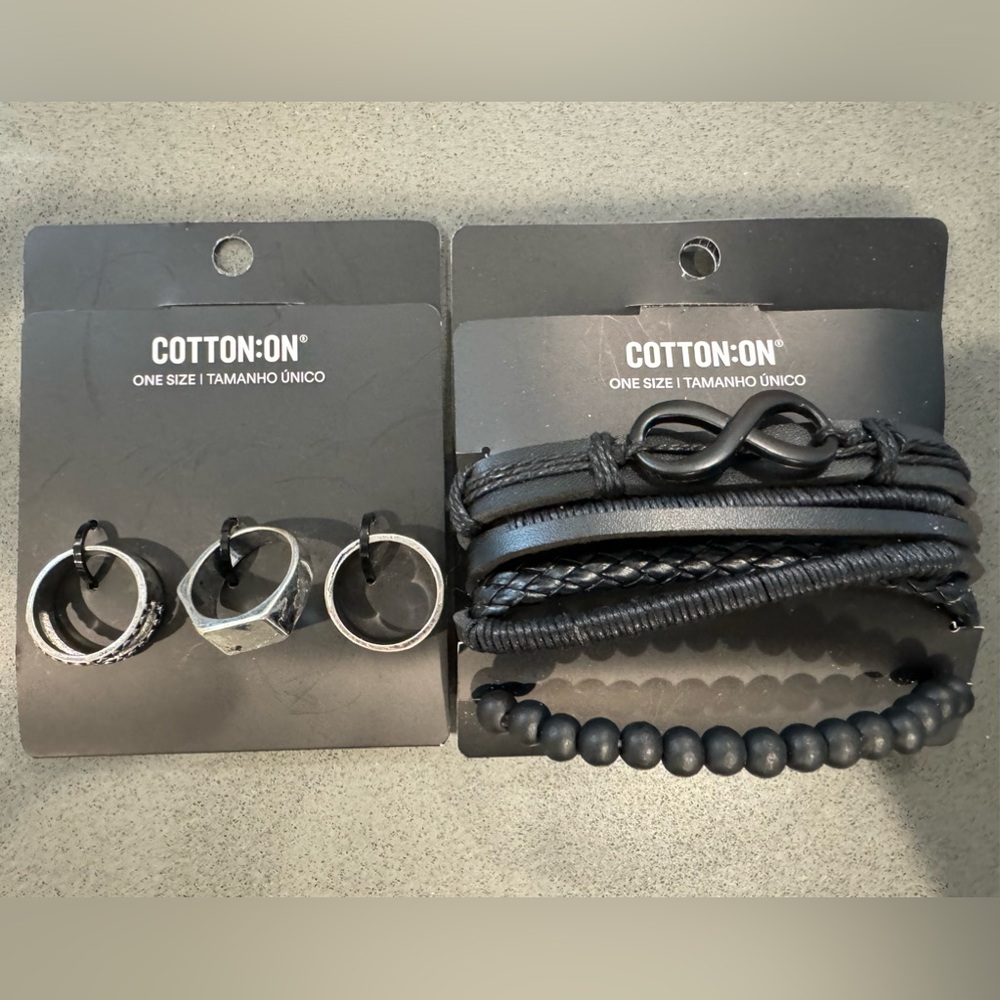 Bundle Jewelry Silver Tone Rings & Black Bracelet